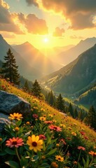 Shimmering gold light spills across a serene landscape, peaceful, luminous, golden