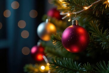 Fototapeta premium Shiny string lights and colorful glass baubles adorn a beautifully decorated Christmas tree, festive, ornaments, trees