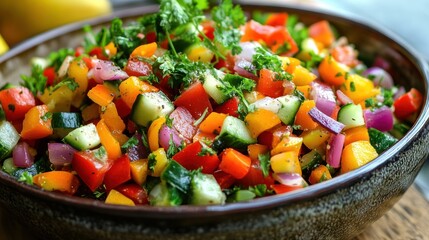 Colorful vegetable salsa with fresh herbs in a rustic bowl closeup shot