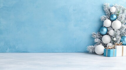 Minimalist christmas tree with white and light blue ornaments winter holiday background