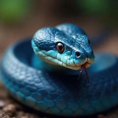Slithering blue viper snake closeup face with forked tongue and beady eyes, snake, wildlife, reptile