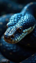Fototapeta premium Snake's face in close-up with scales glistening in blue light, serpentine, reptile