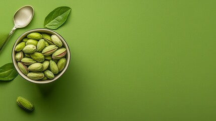 Shelled Pistachios in Bowl on Green Background