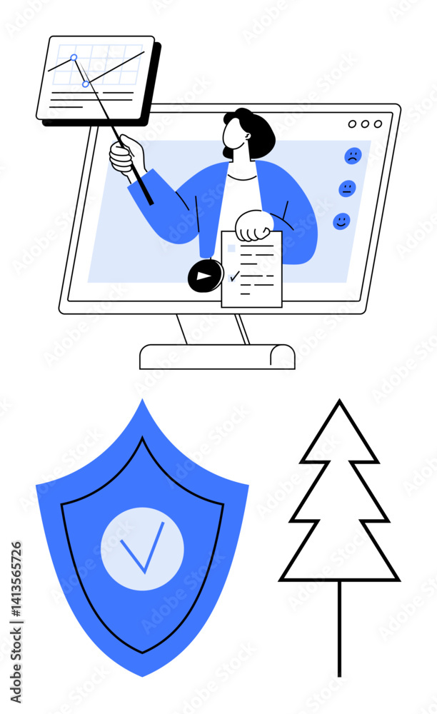 Poster professional presenting data on monitor with chart and pointer, shield with checkmark, tree outline.
