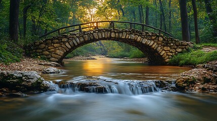 Stone Arch Bridge Over Flowing Stream In Lush Green Forest Scenic Photo