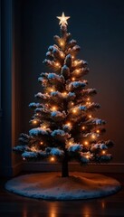 Snowy Christmas tree with twinkling lights in a dark room, warm glow, festive