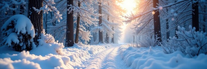 Snowy forest with frosty trees and sparkling snowflakes, snowflakes, winter, frosty trees
