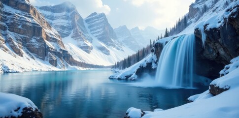 Snowy mountainside with a frozen waterfall cascading into a serene lake , frozen water, peaceful lake