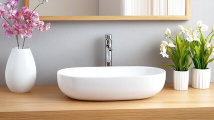Modern white bathroom sink with flowers clean interior design