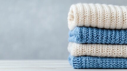 Soft blue and white bath towels stacked minimalist photography