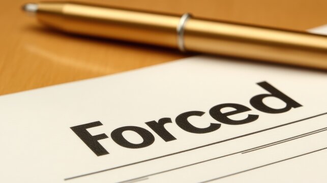Close up view of a document with the word Forced prominently displayed next to a gold pen Legal document concept