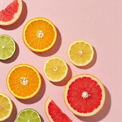 Minimalist composition of sliced citrus fruits (orange, lemon, lime, grapefruit) on pastel background, flat lay, trendy aesthetic, soft natural shadows, vibrant colors