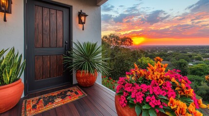 Rustic doorway sunset view vibrant plants warm hues tranquil landscape