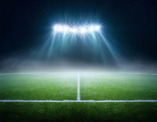 Obraz premium Under the intense glow of stadium floodlights, an empty football field awaits the roar of the crowd and the thrill of the upcoming match under the night sky.