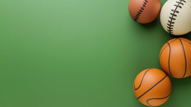 Sports Balls with Baseball Basketball and Football on Solid Green Background