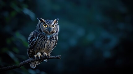 Small Owl Perched Gracefully on Branch Surrounded by Lush Greenery