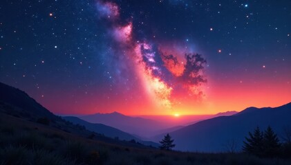 Starry night sky with vibrant orange and pink hues in cosmic landscape, pink, starry night sky