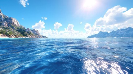 Ocean landscape, vibrant blue water, sunlit horizon, dramatic mountains