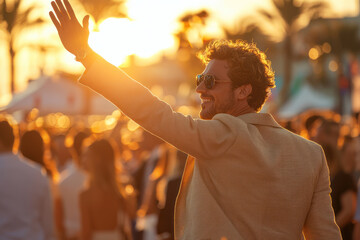 A man in beige suit and sunglasses waves to crowd during vibrant sunset, exuding confidence and joy
