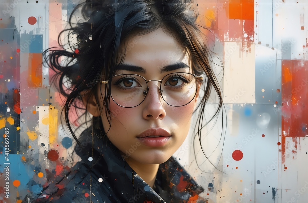 Poster this portrait features a young female in eyeglasses, artistic style with an expressive face. splashe