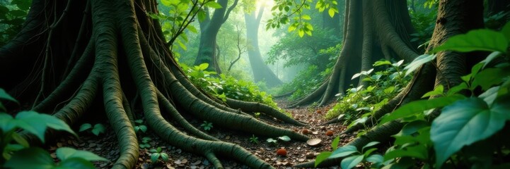 Thick vines and tangled tree roots amidst dense forest undergrowth, roots, vines