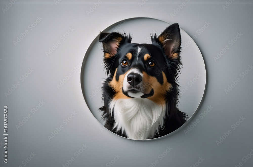 Poster A curious tri-colored dog, possibly a border collie, gazes intently from a circular frame against a muted gray background.  Its expression is alert and engaging.