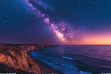 Fototapeta premium Milky Way arching over a coastal landscape, faint reflections of the stars shimmering in the ocean waves below