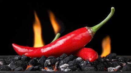 Spicy red chili peppers on embers with flames