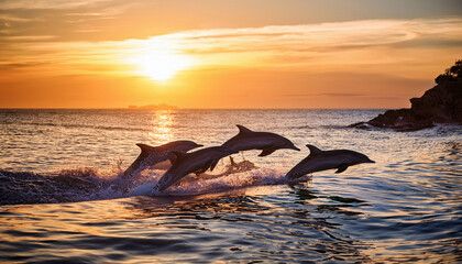 Fototapeta premium Four dolphins leap gracefully through the shimmering ocean waves during a breathtaking sunset, creating a magical moment of harmony between wildlife and nature’s beauty.