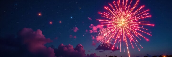 Fototapeta premium Vibrant fireworks exploding in the night sky with colorful stars and sparks , firework burst, sparkling scene