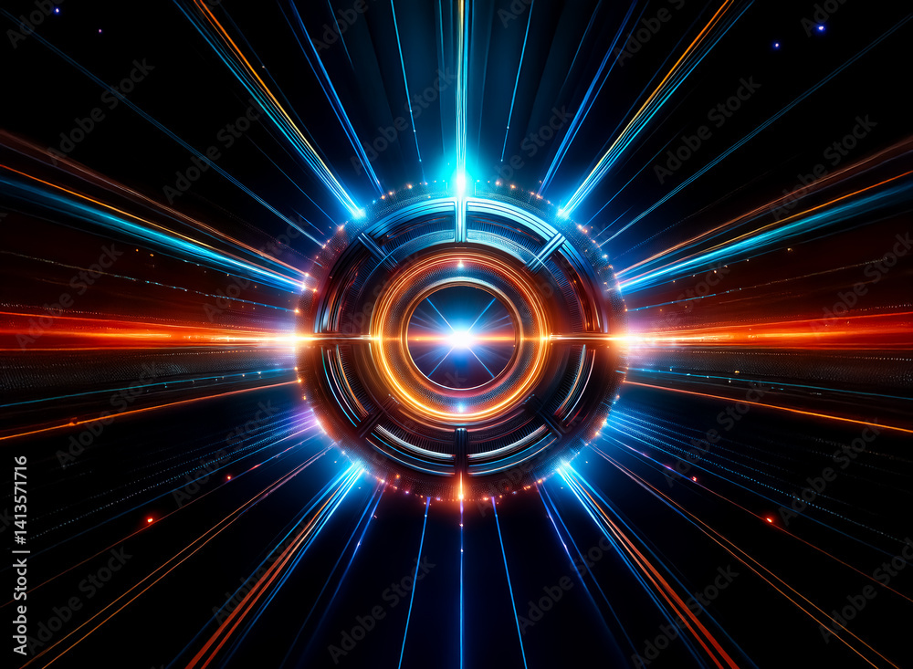 Poster a dynamic, abstract composition featuring a central glowing orb emitting vibrant orange and blue lig