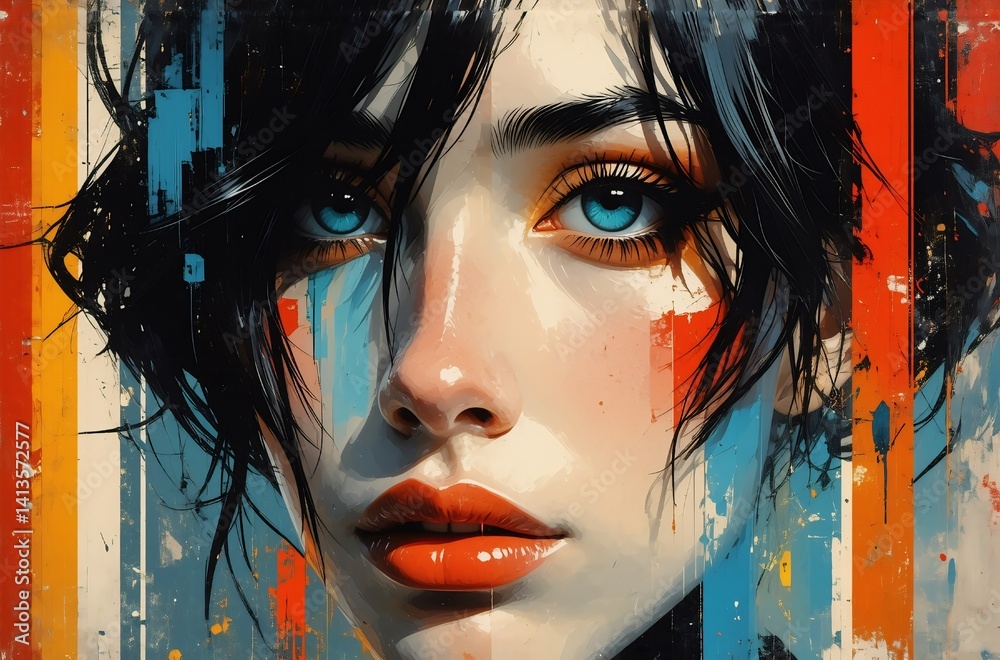 Aufkleber A portrait of a woman with striking blue eyes and expressive features. Bold strokes of color frame her face, creating an artistic and unique appearance. The palette includes vibrant hues.