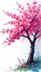 Watercolor cherry blossom tree , flowers, tree