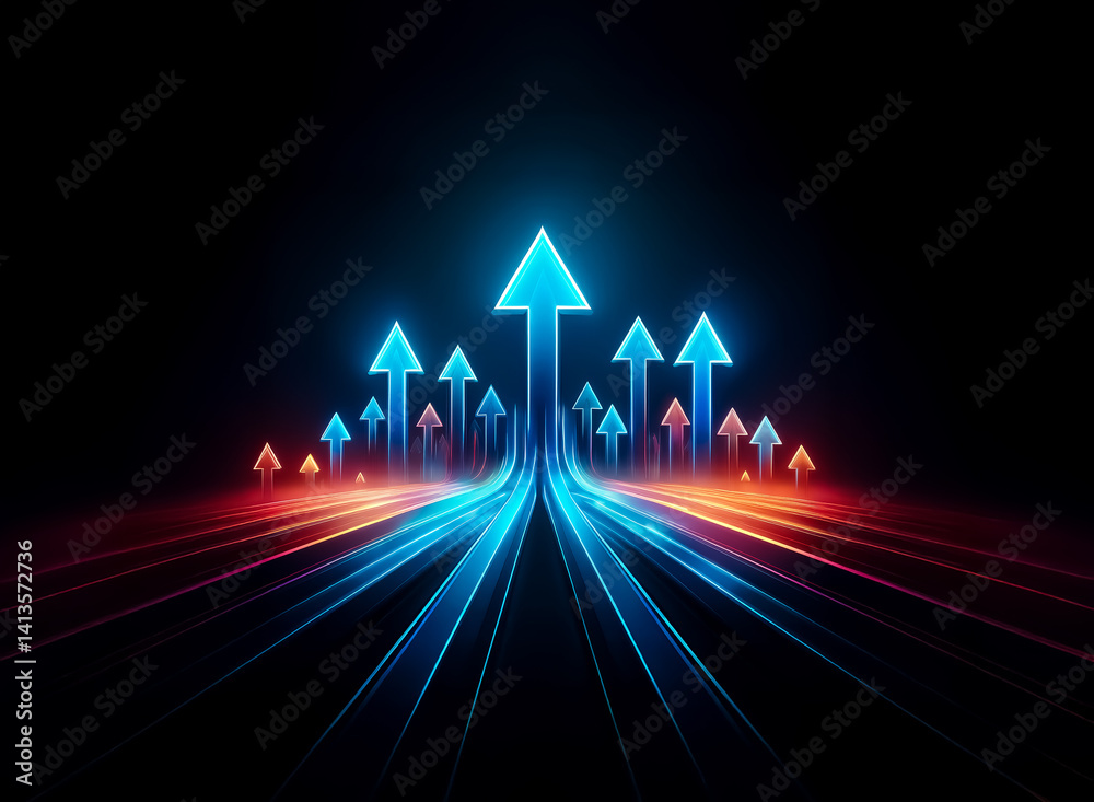 Aufkleber image of luminous arrows rising, with blue and red light trails on a black backdrop. emphasizing upw
