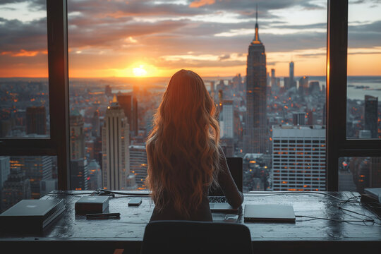 A woman with long hair is sitting at a desk in front of a city skyline