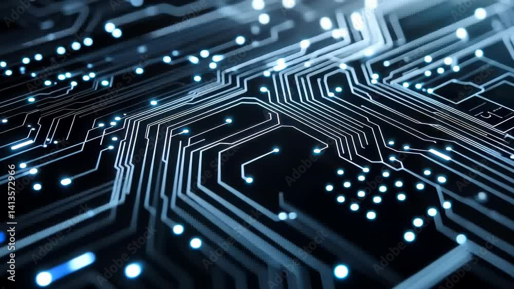 Poster explore the intricate world of circuit patterns illuminated by shimmering blue lights in a modern te