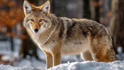 Obraz premium A coyote stands alert in a snowy winter forest. Its fur is a blend of brown, gray, and white, perfectly camouflaged against the muted background.