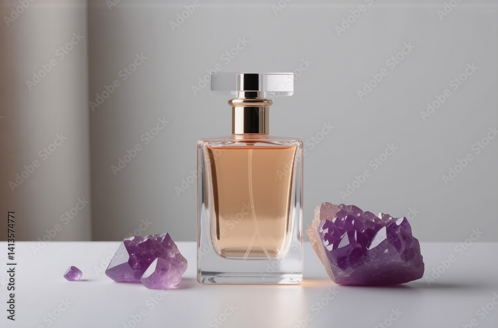Poster a luxurious amber perfume bottle sits elegantly on a white surface, flanked by two amethyst clusters
