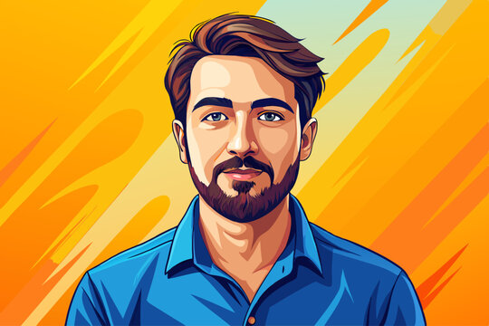 vector of Calm bearded young man in casual blue shirt posing on yellow orange background studio portrait. People's honest feelings lifestyle concept. ...