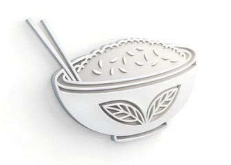 White Rice Bowl with Chopsticks: A stylized 3D illustration of a white bowl filled with rice, accompanied by chopsticks, represents a clean and simple culinary image.