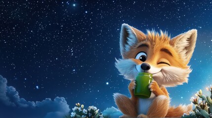 Curious Fox Sitting on Ledge with Cup in Its Mouth in Natural Setting