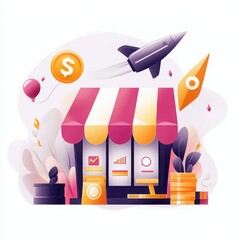 Playful online store illustration showcasing growth charts and business success digital art colorful environment creative perspective