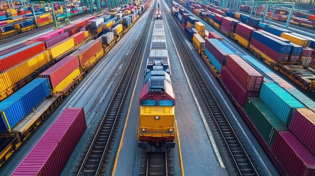 Cargo train hauling intermodal containers viewed from above, rail transportation