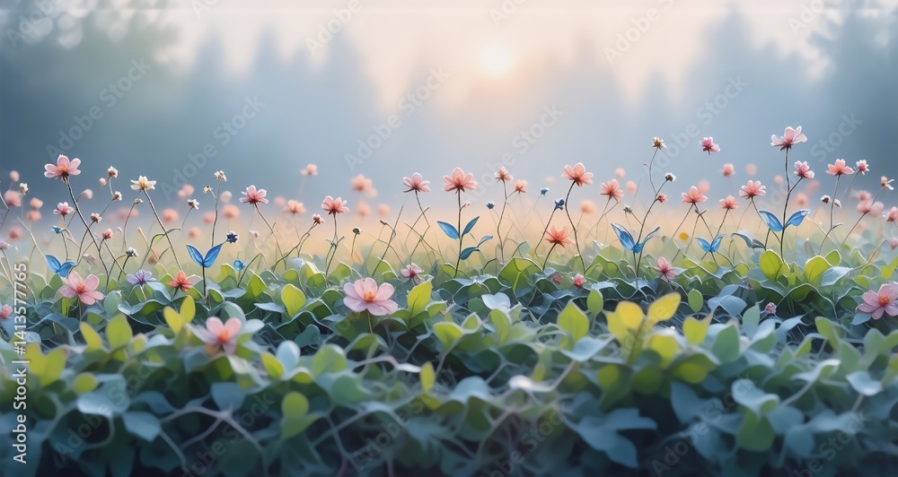 Poster hint: the image shows a field of flowers in soft morning light. a field of flowers basks in the soft