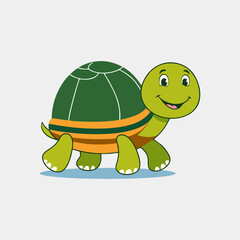 Cartoon-style cheerful turtle walking with happy face and bright green shell