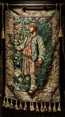 Antique tapestry depicting a man in a floral garden