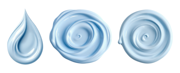 Light Blue Whipped Cream Dollops Collection Showing Teardrop and Spiral Swirl Patterns, Soft Creamy Texture Isolated on Transparent and White Background