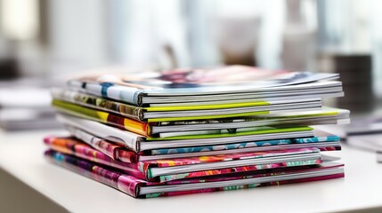 Colorful magazines form a stack on a white surface.