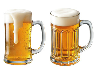 Two Fresh Draft Beer Mugs with Overflowing Thick White Foam Head and Golden Amber Color in Glass Steins Isolated on Transparent and White Background