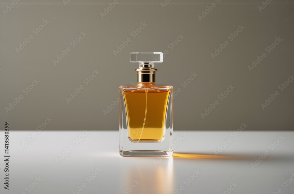 Poster a golden amber perfume in a clear glass bottle with a gold cap sits on a white surface, casting a so